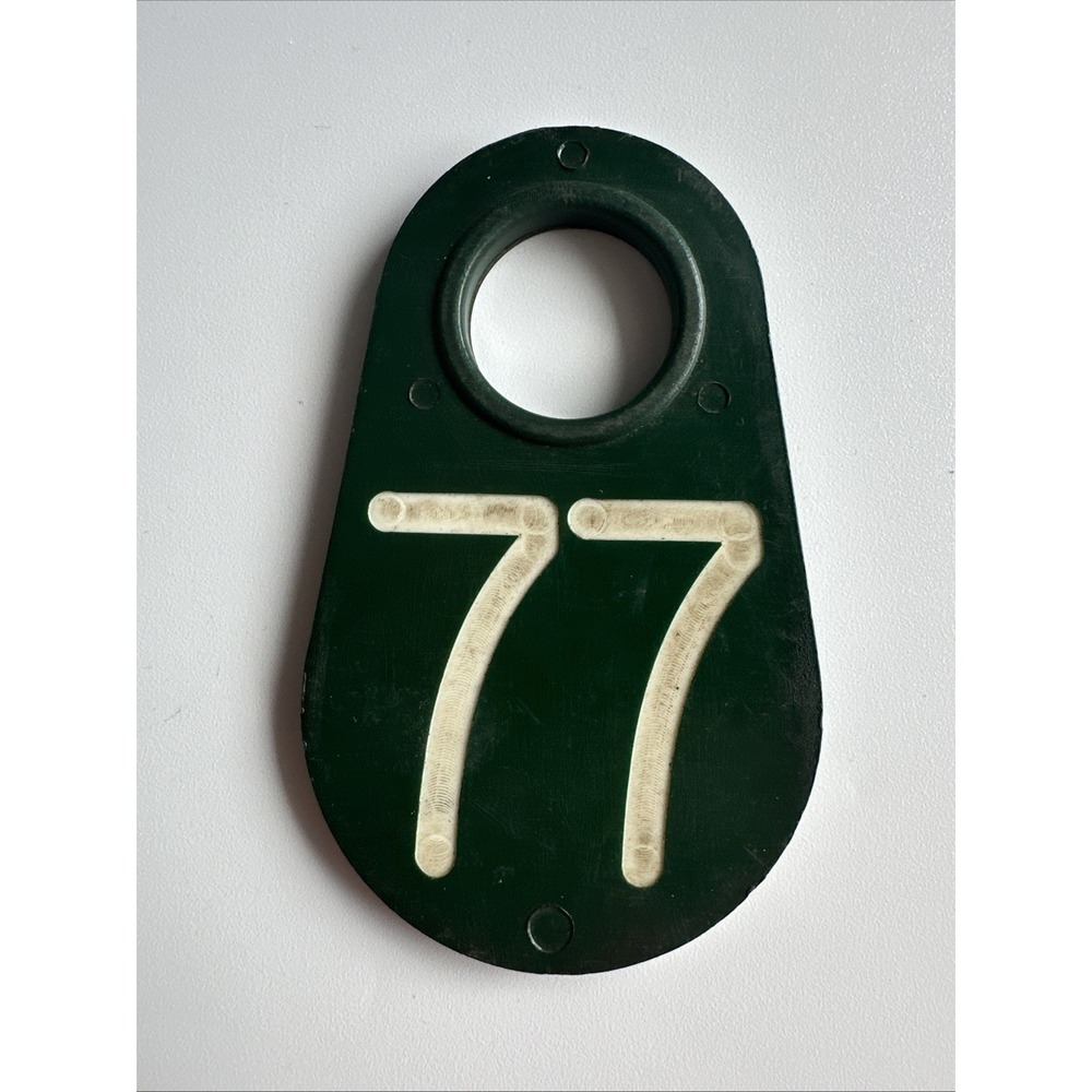 Vintage Cow Number Ear Tag Dairy Farm Cattle Sheep Marker #77 Double Sided GREEN